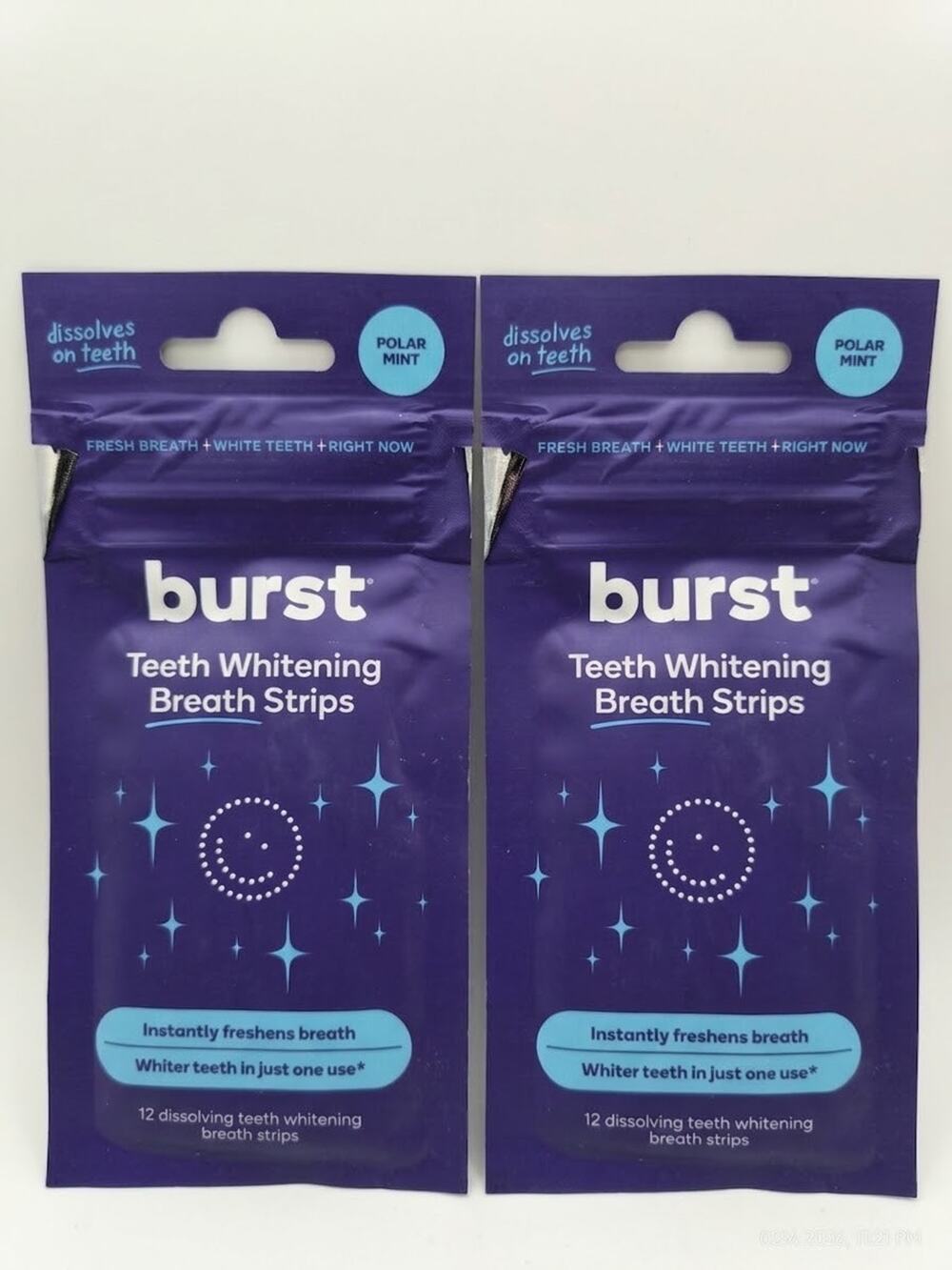 Burst Teeth Whitening Breath Strips Polar Mint 12 Strips Per Pack X 2pk Exp 4/27